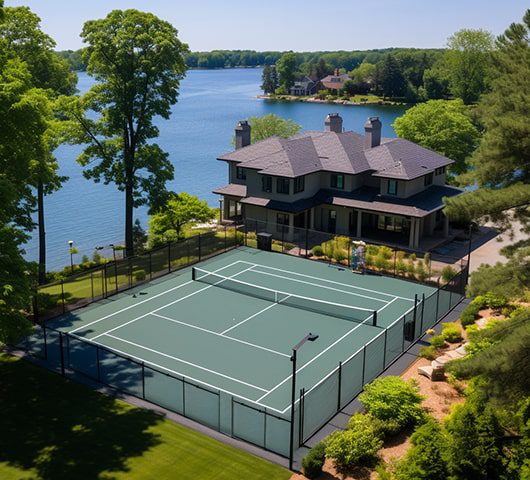 An outdoor residential tennis court with a lake nearby.
