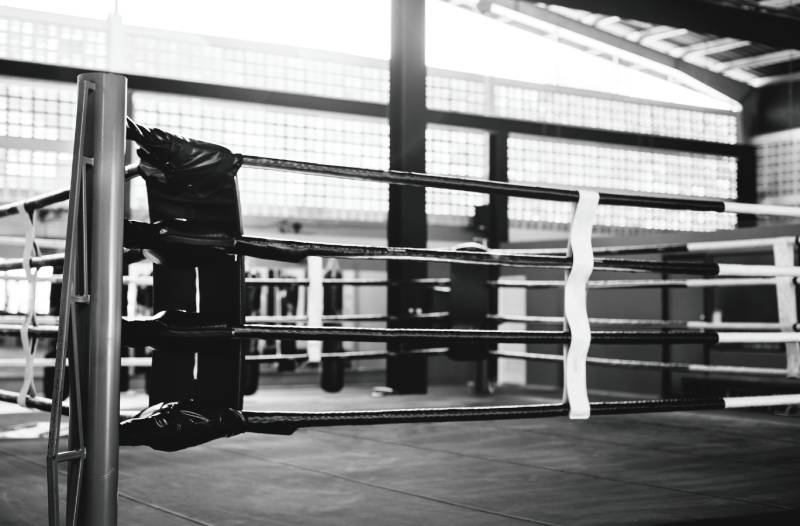 A black and white photo of a boxing ring located in Florida.