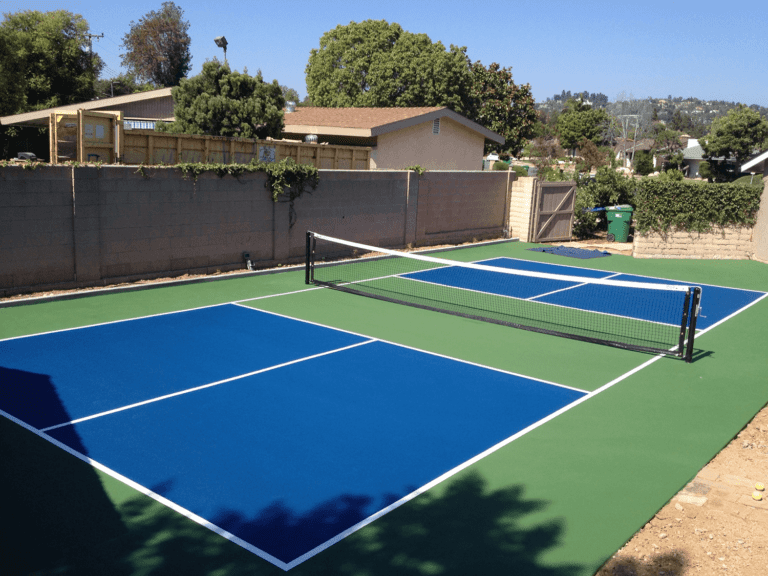 A blue and white pickleball court.